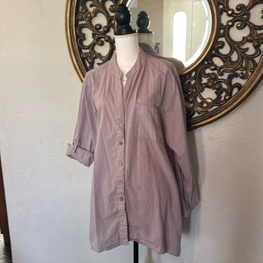 Cellabie lavender notch collar button up lagenlook tunic cotton poly EUC